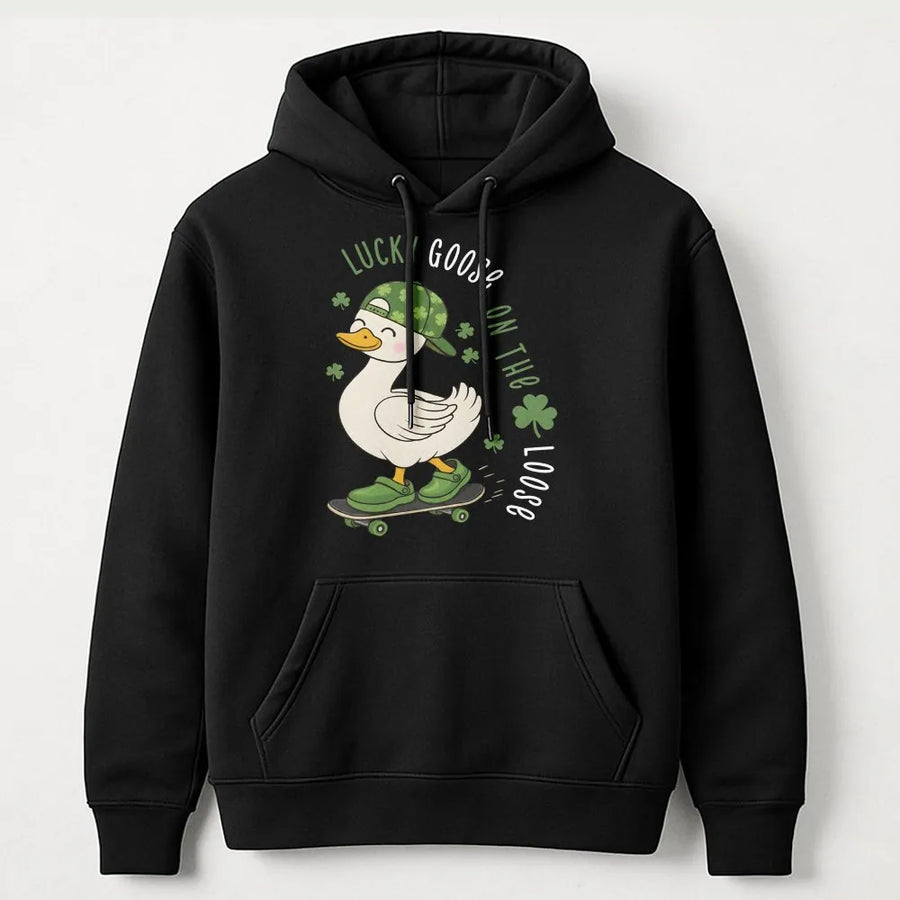 Lucky Goose Hoodie | St. Patrick's Day Skateboarding Graphic | Cotton-Polyester Premium Blend | Unisex Casual Gift for Holiday Fans