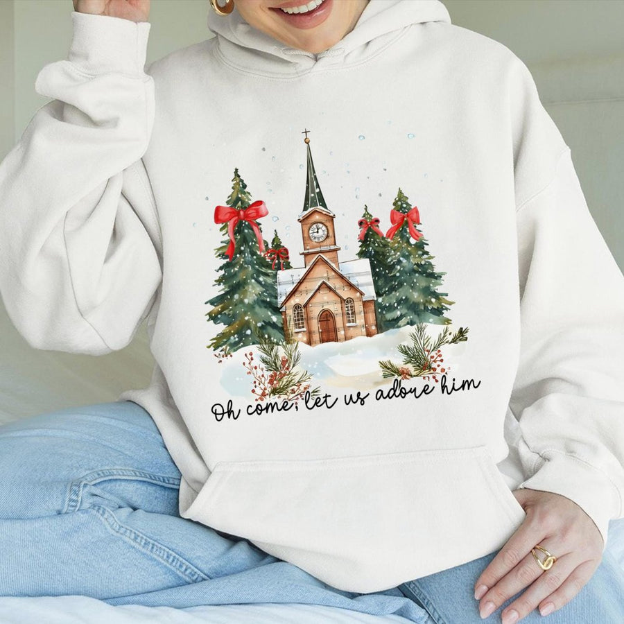 Oh Come Let Us Adore Him Hoodie | Watercolor Church Christmas Design | Cotton-Blend Premium Apparel | Religious Holiday Gift for Her
