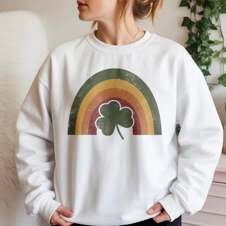 St Patricks Day Sweatshirt | Retro Rainbow Shamrock Design | Premium Cotton Blend Crewneck | Irish Lucky Gift for Men and Women