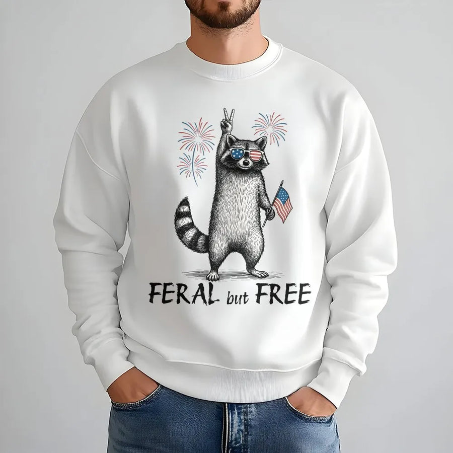 Feral But Free Raccoon Sweatshirt | Funny 4th of July Graphic Sweatshirt | Soft Cotton-Poly Blend | Patriotic USA Independence Day Gift