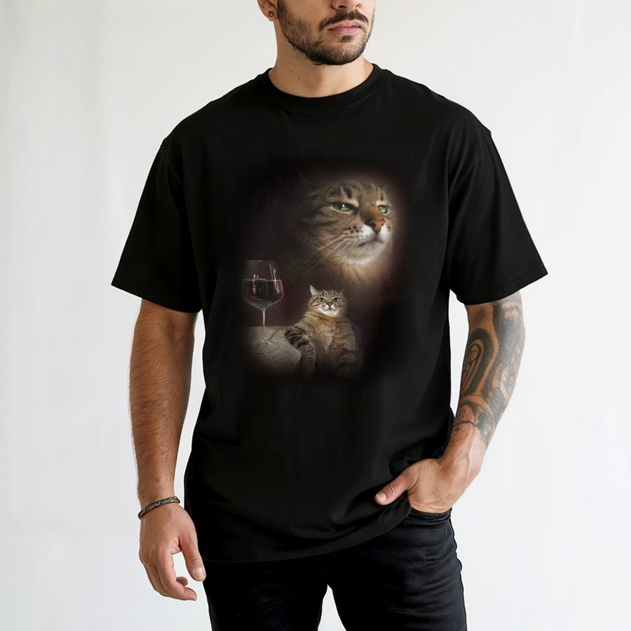 Cat Drinking Wine T-Shirt | Funny Retro Meme Graphic Tee | Premium 100% Cotton Apparel | Unique Gift for Cat Lovers and Wine Enthusiasts