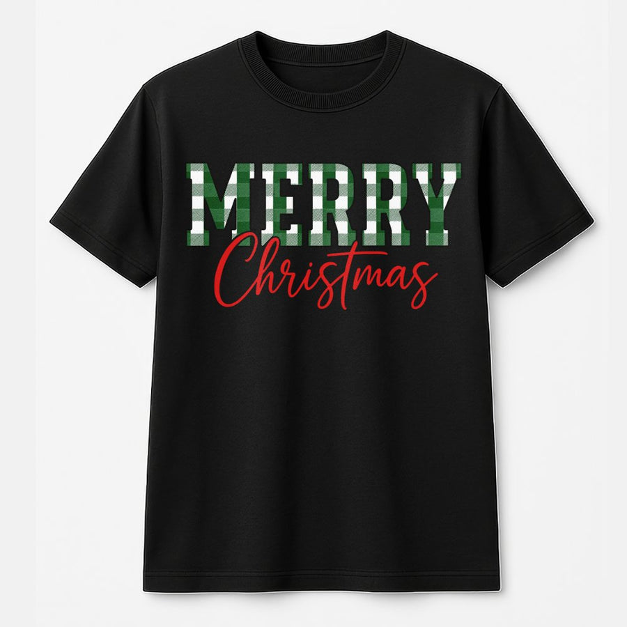 Merry Christmas T-Shirt | Buffalo Plaid Green Lettering | Premium Soft Cotton | Festive Holiday Gift for Family and Friends