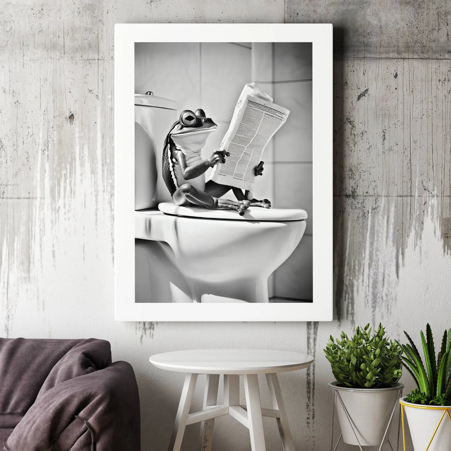 Funny Frog Reading Newspaper Wall Art | Whimsical Bathroom Decor Canvas | Premium Gallery-Wrapped Print | Unique Gift for Frog Lovers