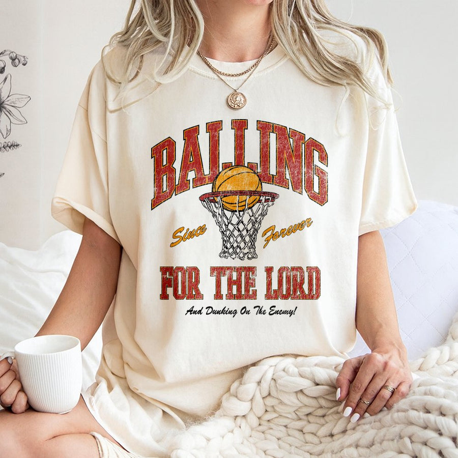 Balling For The Lord Basketball T-Shirt | Vintage Distressed Sports Graphic Tee | 100% Cotton Premium Quality | Religious Gift for Christian Athletes
