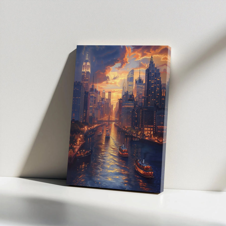 NYC Skyline Canvas Wall Art | Sunset Cityscape River View | 1.25 Inch Gallery Wrap | Professional Home & Office Decor Gift