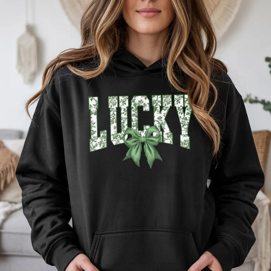 Lucky St Patricks Day Hoodie | Coquette Floral Bow Aesthetic | Premium Cotton Blend | Cute Womens Holiday Gift For Her