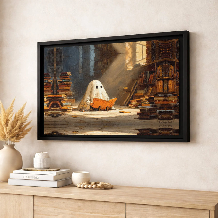 Ghost Reading Book Canvas Art | Whimsical Library Wall Decor | Gallery-Wrapped Premium Print | Spooky Academia Aesthetic Gift for Book Lovers
