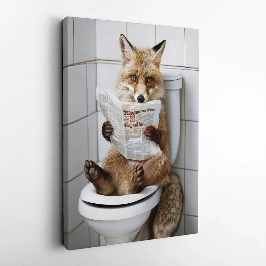 Funny Fox Reading Newspaper On Toilet | Whimsical Bathroom Wall Art | Gallery-Quality Canvas Print | Unique Humorous Gift For Men And Women