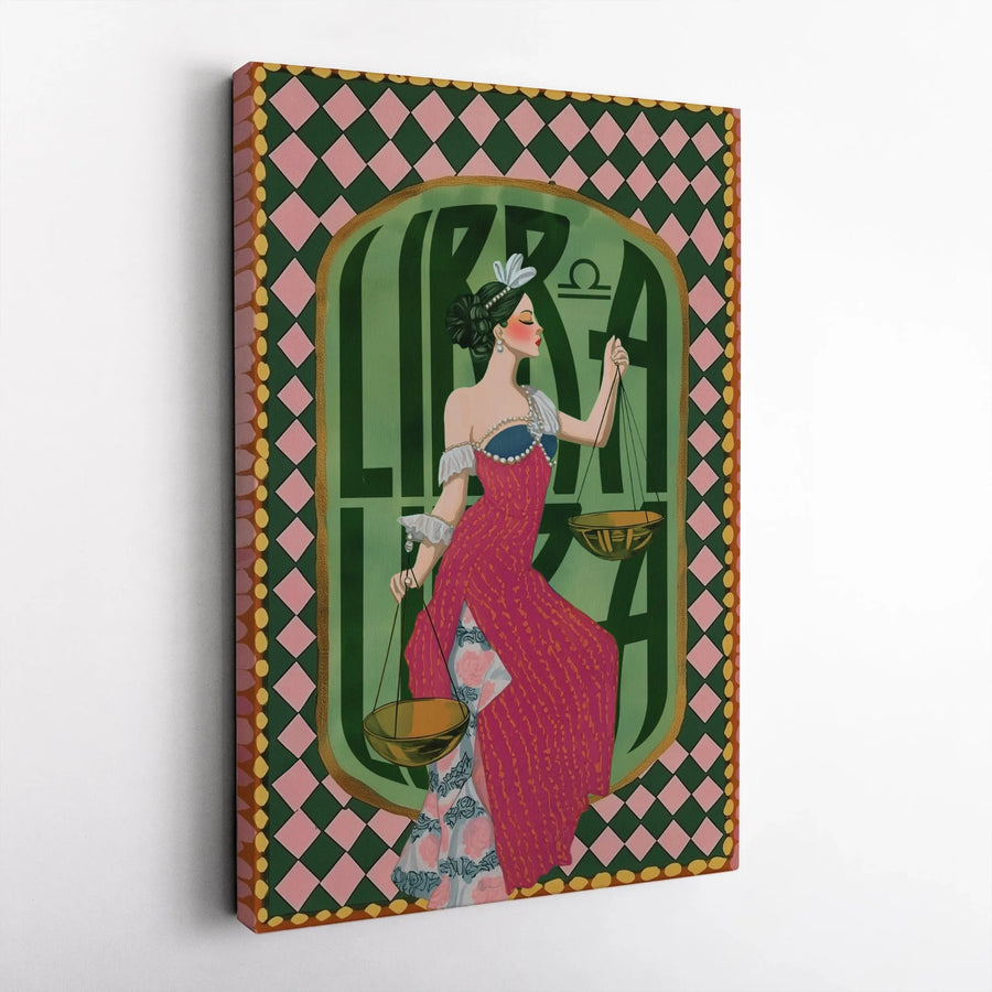 Libra Zodiac Wall Art | Retro Astrology Woman With Scales | Premium Stretched Gallery Wrap Canvas | Unique Birthday Gift for Her