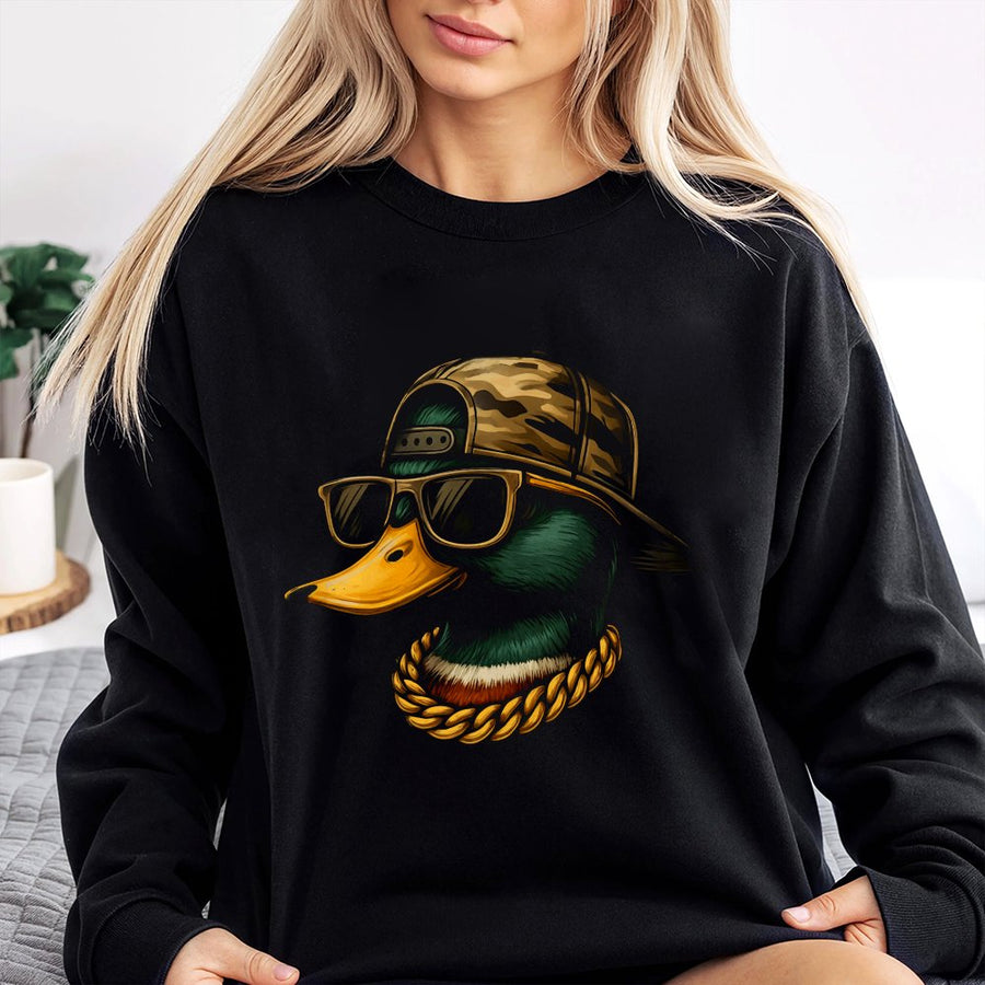 Cool Duck Graphic Sweatshirt | Swag Mallard Bird with Sunglasses & Camo Hat | Premium Cotton Blend | Funny Hunter Gift for Men & Women