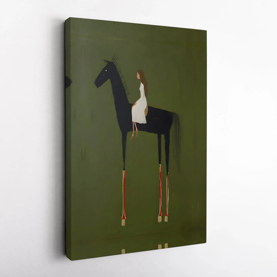 Modern Equestrian Wall Art | Abstract Woman on Black Horse Canvas Print | Premium Fade-Resistant Ink | Unique Home Decor Gift for Horse Lovers