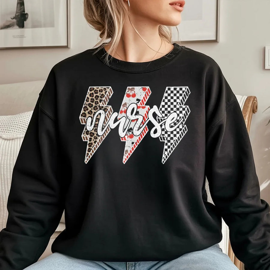 Retro Nurse Sweatshirt | Leopard Cherry & Checkered Lightning Bolt Design | Soft Cotton Blend Pullover | Gift for RN LPN Nursing Student Appreciation