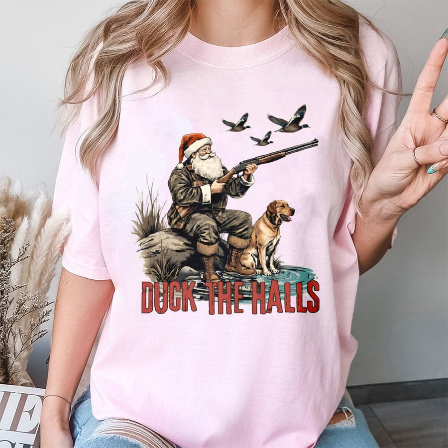Duck The Halls Hunting T-Shirt | Santa Claus Duck Hunter Graphic | 100% Cotton Premium Tee | Funny Christmas Gift for Hunters and Outdoorsmen
