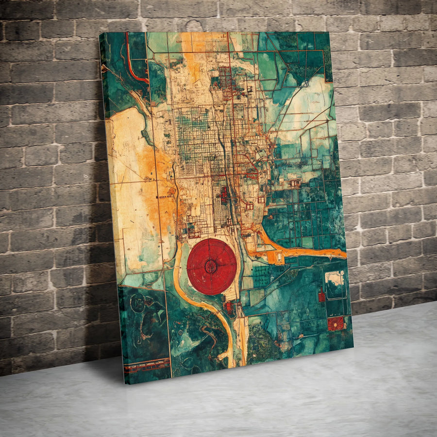 Abstract City Map Canvas Wall Art | Vibrant Teal and Orange Urban Grid Design | Premium 1.25 Inch Thick Gallery Wrap | Modern Home Office Decor Gift