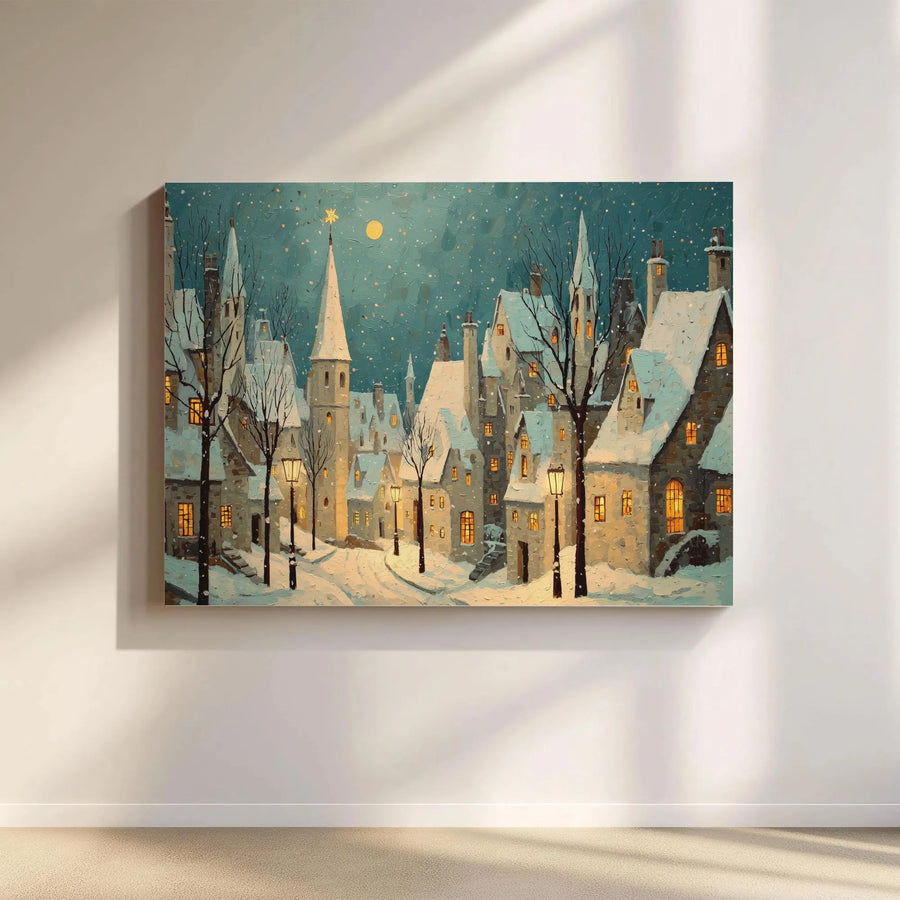 Christmas Village Canvas Wall Art | Snowy Night Village Painting | Premium Gallery Quality Print | Holiday Home Decor Gift