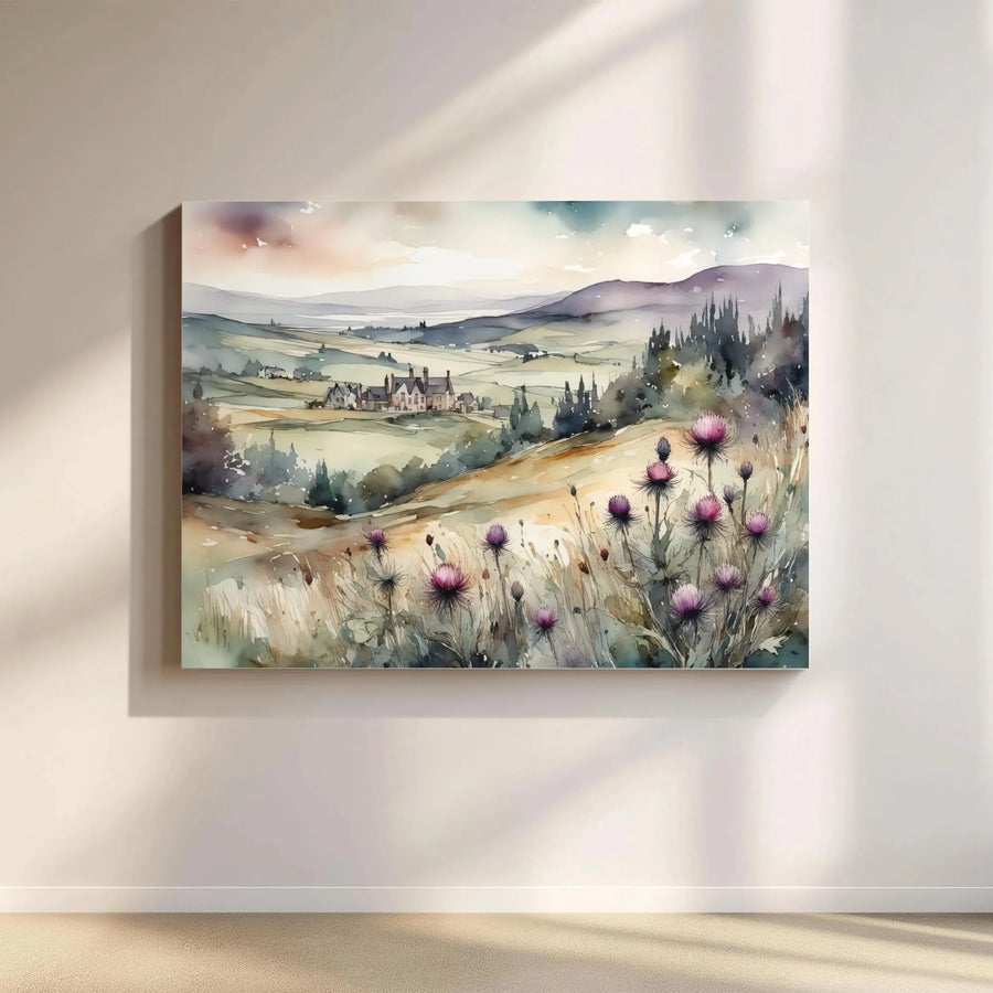 Scottish Thistle Landscape Canvas Art | Watercolor Countryside Painting Print | Premium Thick Gallery Wrap | Rustic Farmhouse Wall Decor Gift