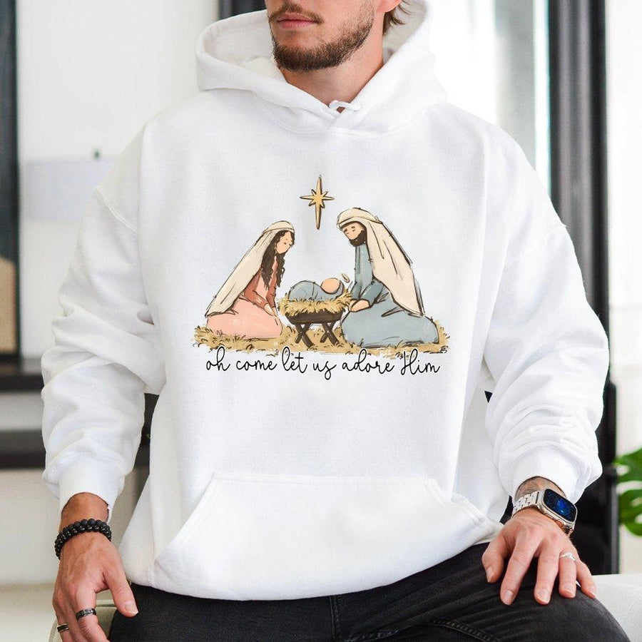 Nativity Scene Hoodie | Oh Come Let Us Adore Him Graphic | Premium Cotton Blend Sweatshirt | Christian Christmas Gift for Women and Men