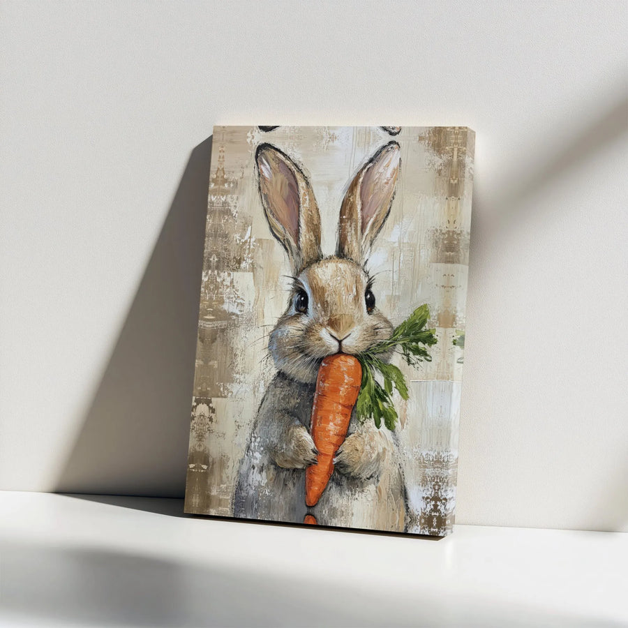 Rustic Bunny Canvas Wall Art | Farmhouse Rabbit Eating Carrot Painting | Gallery Wrapped Premium Print | Nursery & Living Room Decor Gift