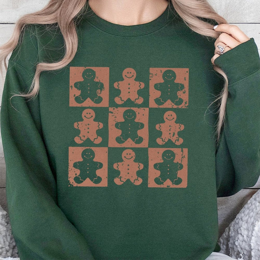 Gingerbread Man Sweatshirt | Retro Checkered Graphic Print | Premium Cotton Blend | Unisex Christmas Gift for Holiday Season