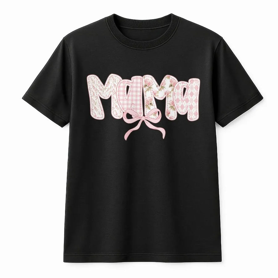 Mama T-Shirt | Pink Floral & Gingham Quilt Style Letters | Cozy Crewneck Pullover | Premium Mother's Day Gift for New Mom