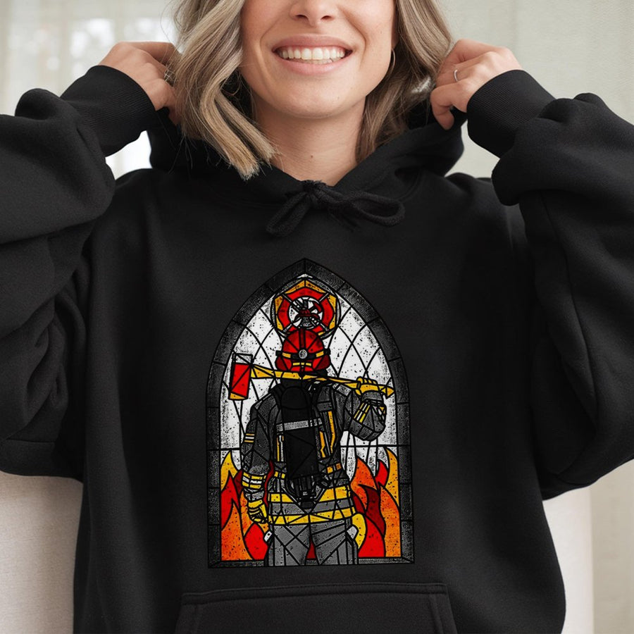 Firefighter Hoodie | Stained Glass Art Design | Cotton-Poly Premium Blend | Gift for Fireman Firefighter Retirement Apparel