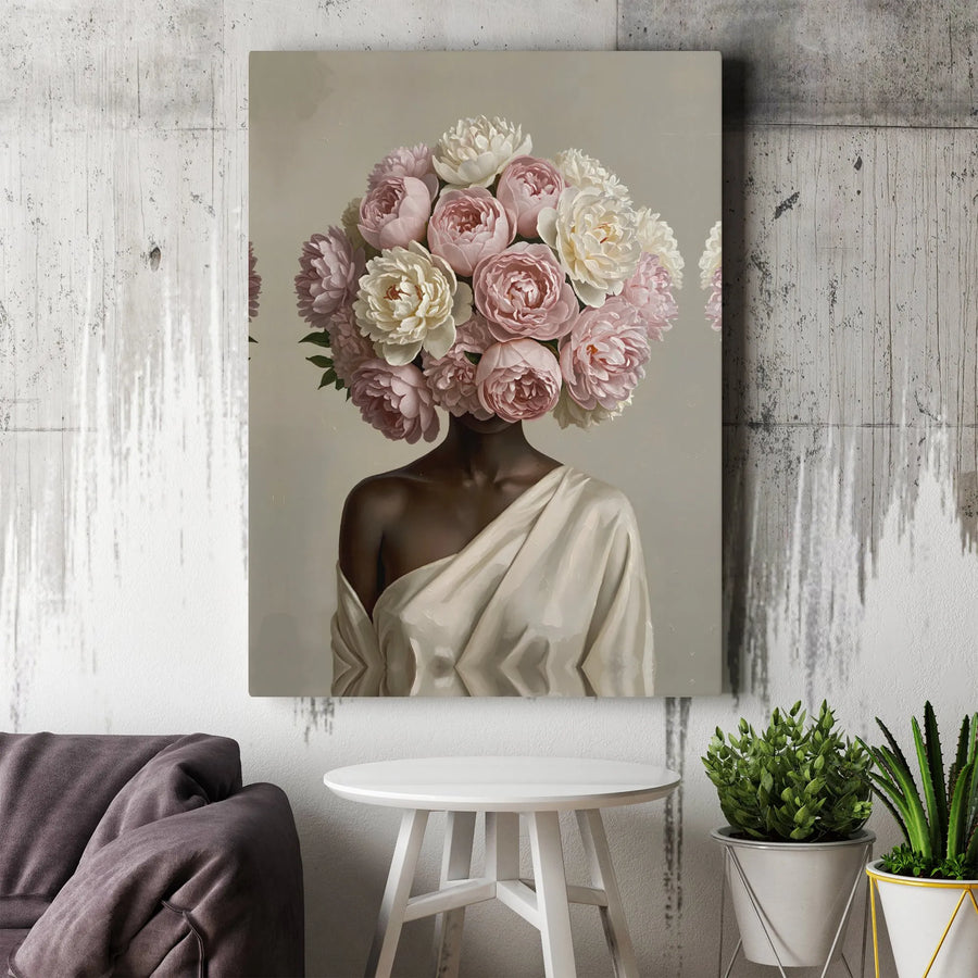 Black Woman Peony Head Canvas Print | Surreal Botanical Portrait | Premium Gallery Wrap Canvas | Collector's Gift for Modern Home Decor