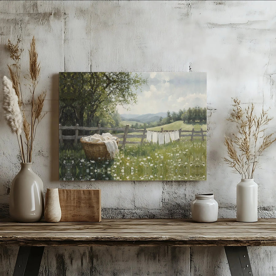 Farmhouse Wall Art Canvas | Countryside Landscape with Wildflowers and Clothesline | Premium Gallery Wrapped Print | Rustic Home Decor Gift