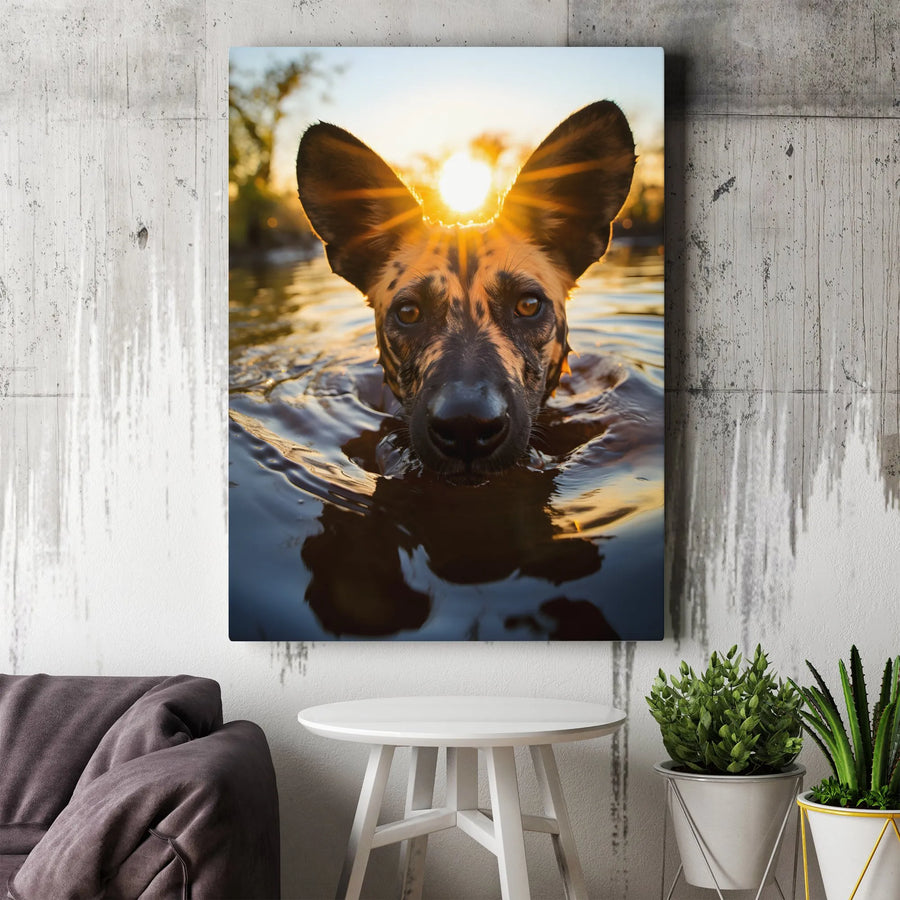 African Wild Dog Canvas Wall Art | Sunset Wildlife Photography Portrait | Premium 1.25-inch Gallery Wrap | Animal Lover Home Decor Gift