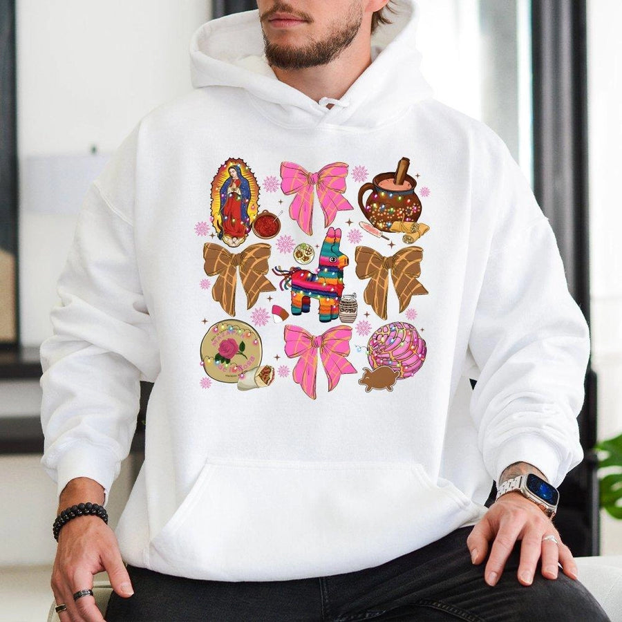Mexican Christmas Hoodie | Coquette Bows Pinata Graphic | Premium Cotton Blend Pullover | Cultural Holiday Gift for Women and Men