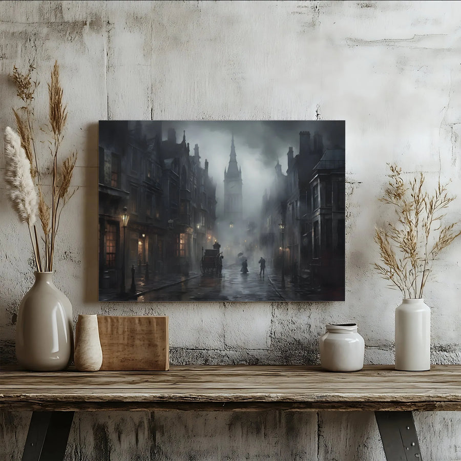 Victorian London Canvas Wall Art | Moody Foggy Cityscape with Big Ben | Premium Fade-Resistant Print | Elegant Office & Home Decor