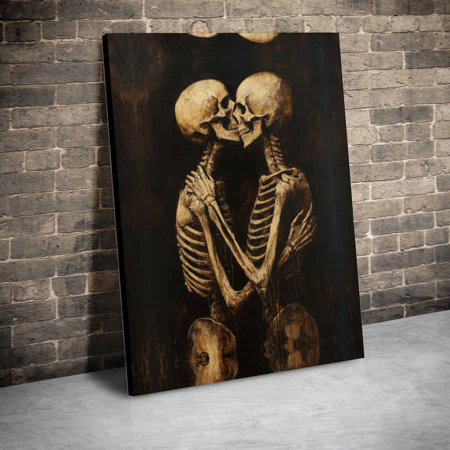 Kissing Skeletons Canvas Wall Art | Gothic Romantic Lovers Illustration | Premium Gallery-Wrapped 1.25" Profile | Dark Academia Home Decor Gift