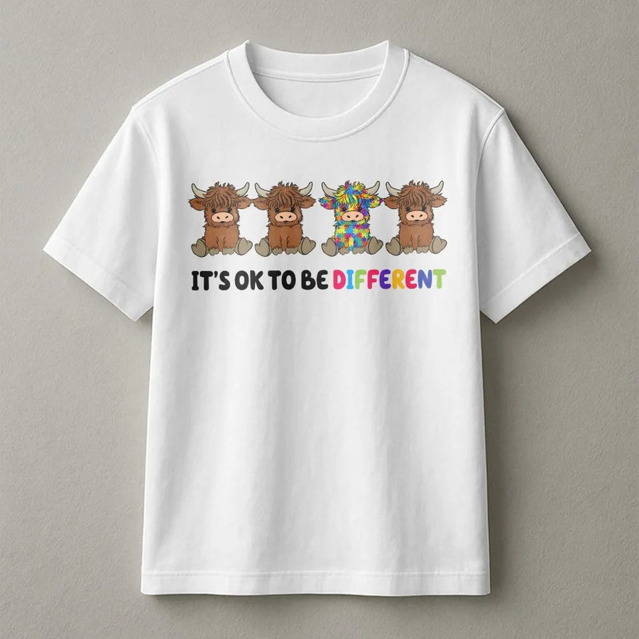 Autism Awareness T-Shirt | Highland Cow It's Ok To Be Different | Cozy Cotton Blend | Neurodiversity Support Gift for Adults