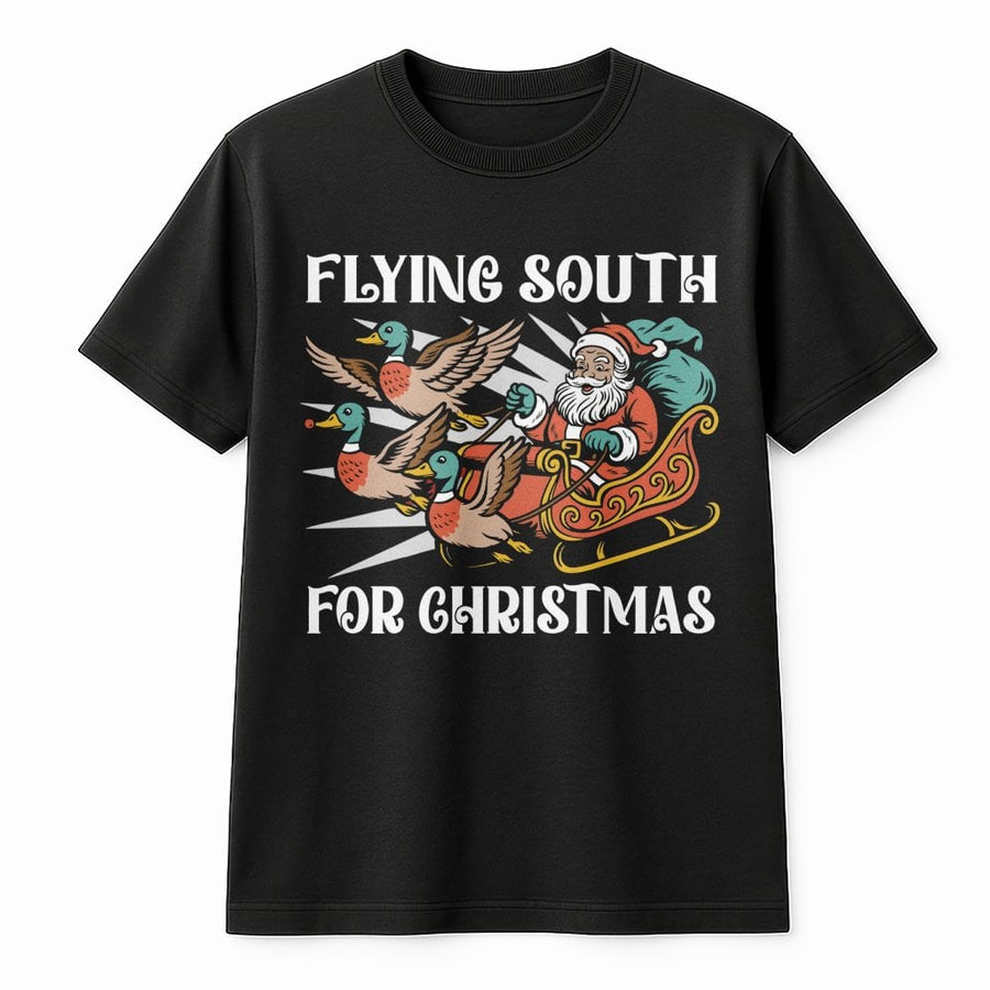 Flying South For Christmas T-Shirt | Duck Hunting Santa Graphic | Premium Soft Cotton Tee | Funny Holiday Gift for Hunters and Outdoorsmen