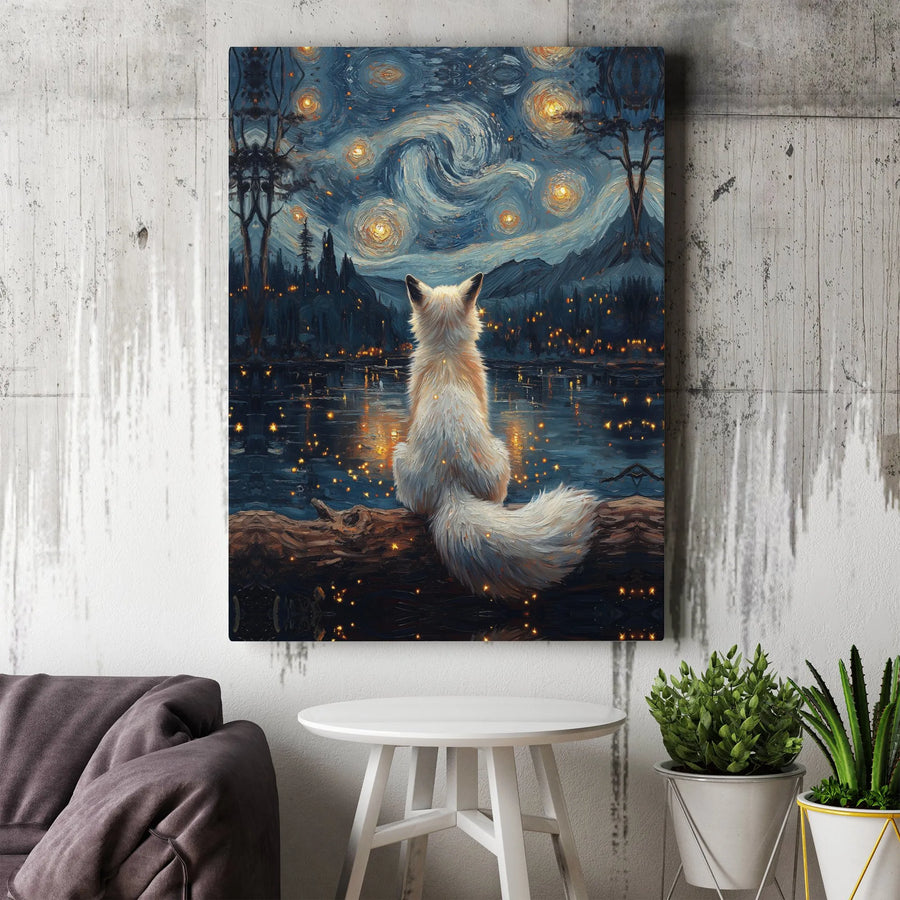 White Fox Canvas Wall Art | Starry Night Impressionist Style | 1.25-Inch Thick Gallery Wrap | Nature Lover Home Decor Gift
