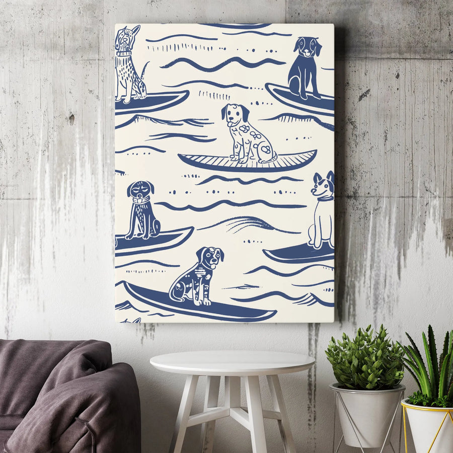 Surfing Dogs Wall Art | Blue and White Linocut Pattern | Premium 1.25-inch Thick Gallery Canvas | Beach House Decor for Dog Lovers