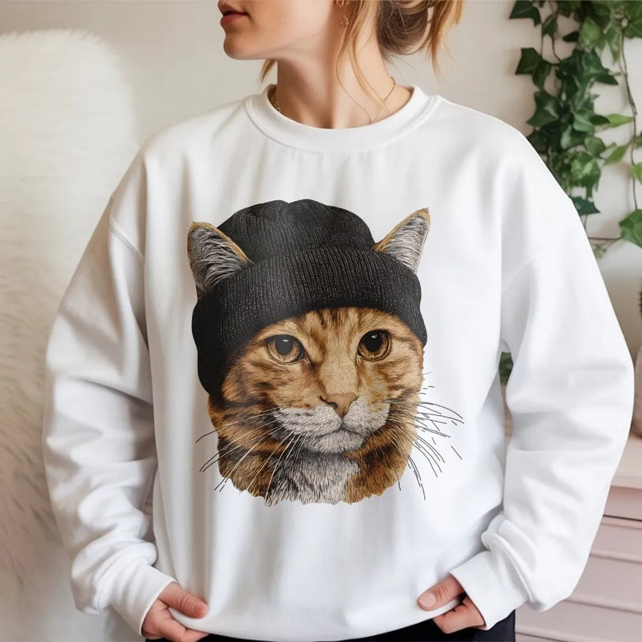 Orange Tabby Cat Sweatshirt | Hipster Ginger Cat In Beanie Graphic | Premium Cotton Blend Crewneck | Cute Animal Lover Gift For Men And Women