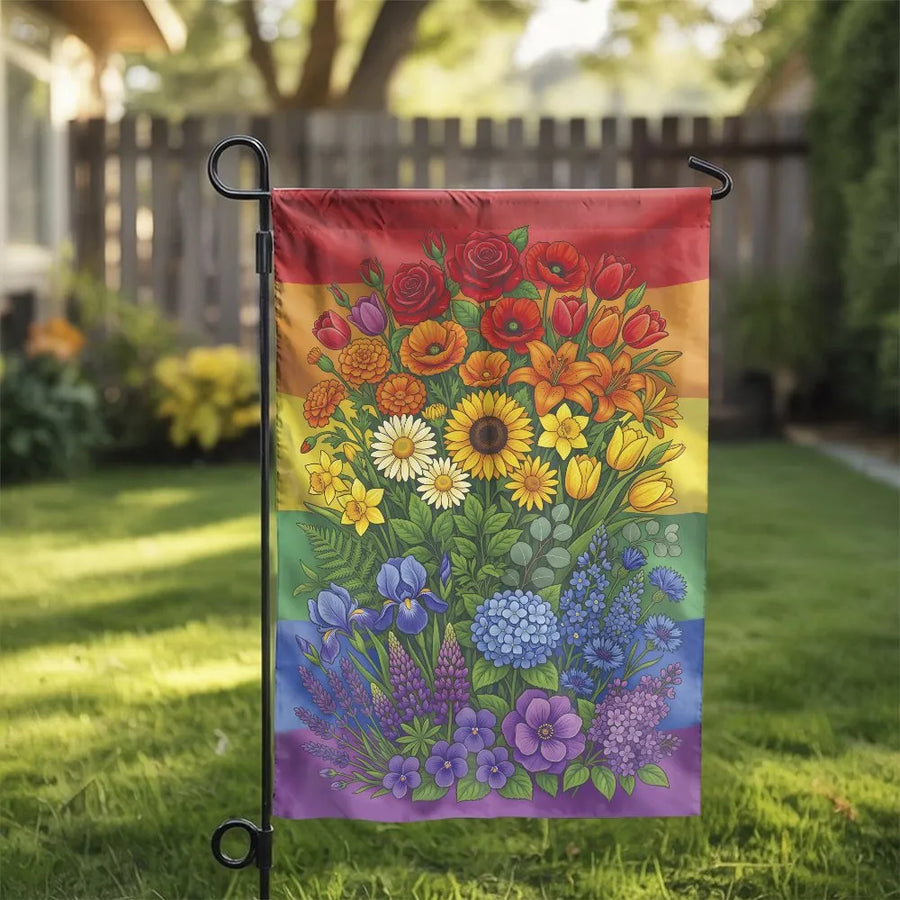 Rainbow Floral Pride Garden Flag | Double Sided LGBTQ+ Flowers Yard Decor | Premium Weather-Resistant Polyester Banner | Vibrant Outdoor Summer House Warm Gift