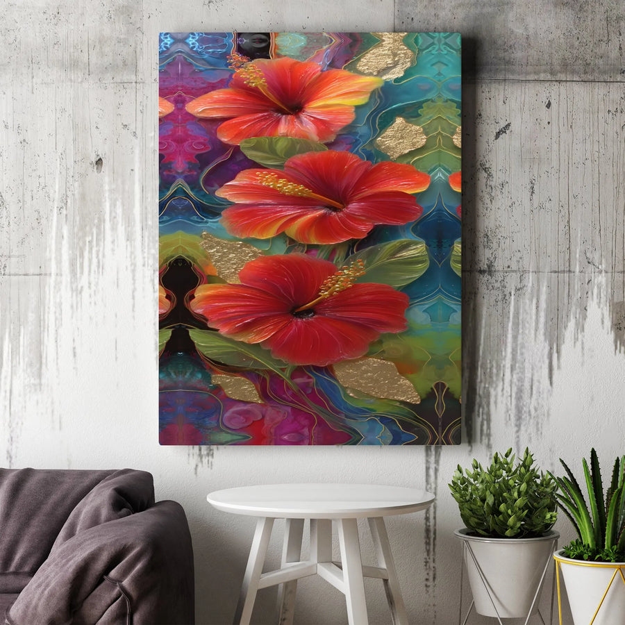 Red Hibiscus Flower Canvas Print | Abstract Gold Leaf Floral Wall Art | Premium Gallery-Wrapped Gallery Quality | Tropical Home Decor Gift