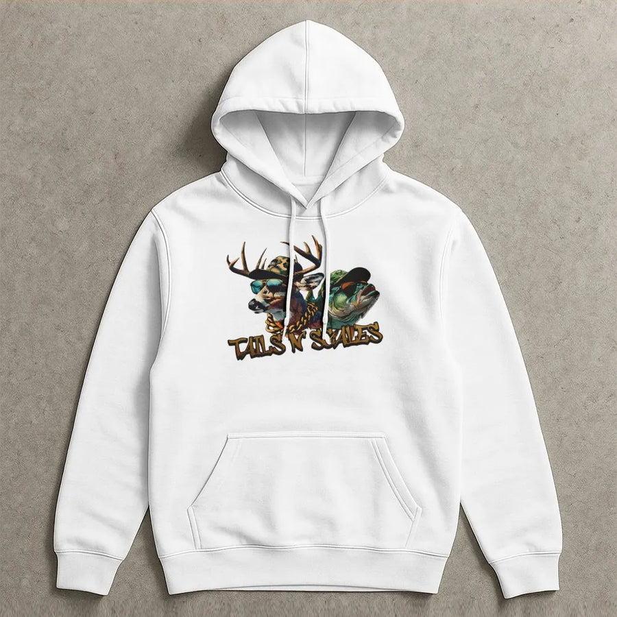 Tails N Scales Hunting Fishing Hoodie | Funny Deer Bass Graphic Print | Premium Cotton Blend | Gift For Outdoor Hunters And Anglers