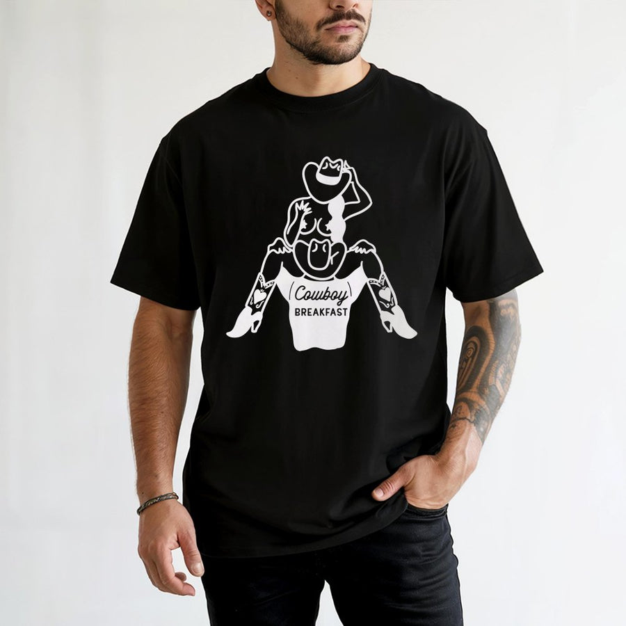 Cowboy Breakfast T-Shirt | Funny Western Cowgirl Pinup Graphic Tee | Premium 100% Cotton Apparel | Unique Gift for Rodeo Lovers & Country Music Fans