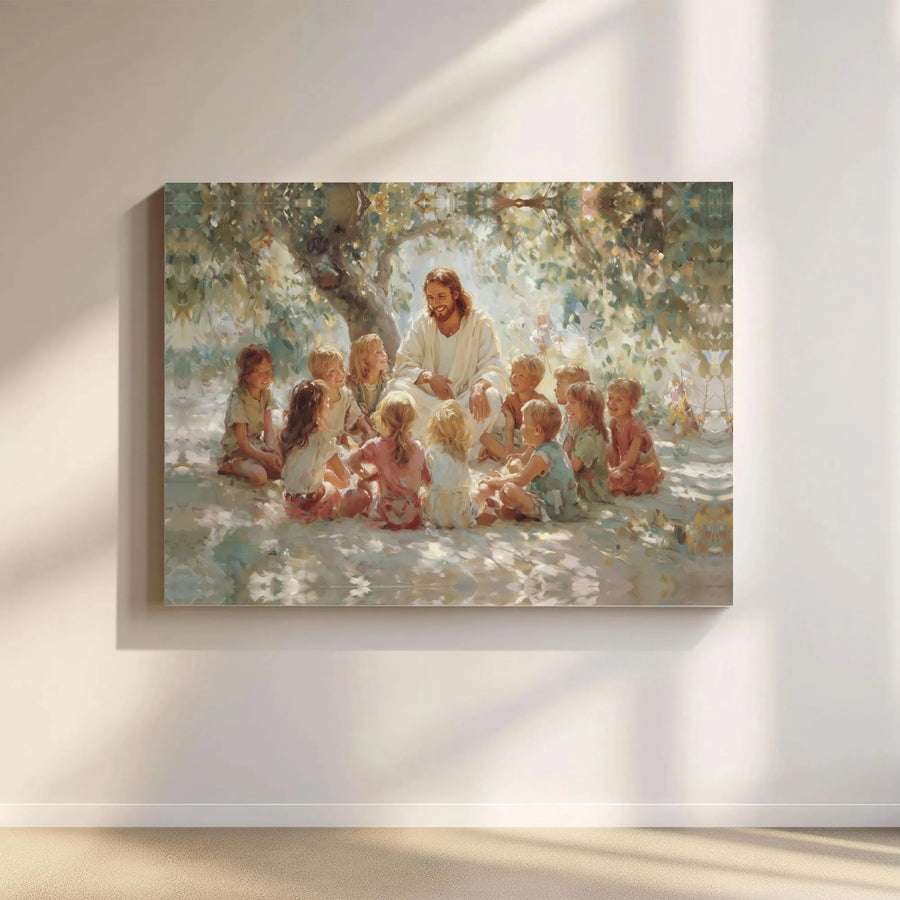 Jesus with Children Horizontal Canvas | Christian Wall Art Impressionist Style | Premium 1.25" Gallery Wrap | Spiritual Religious Gift for Home Decor
