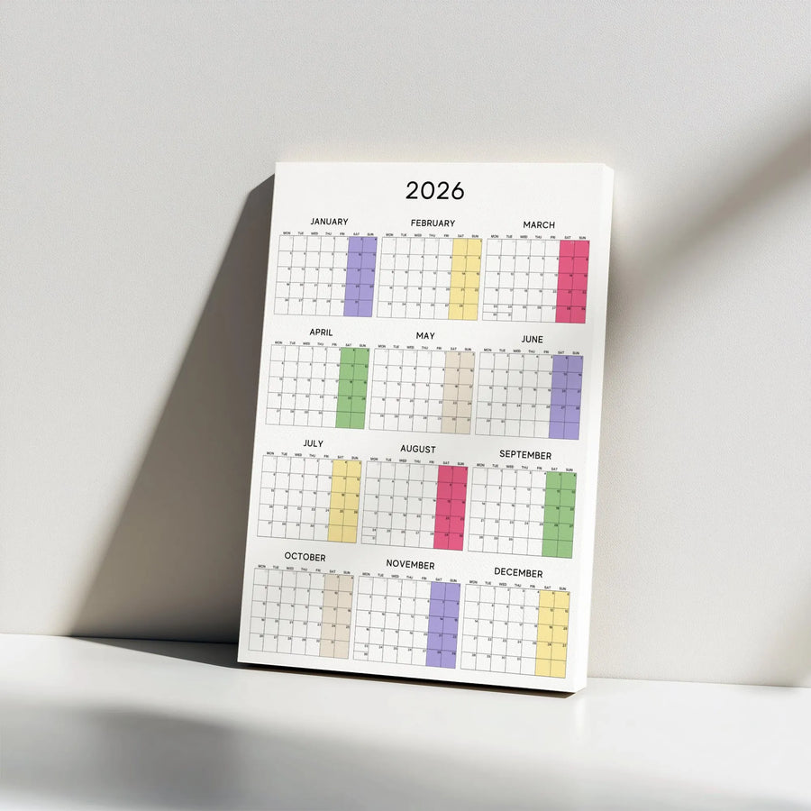 2026 Yearly Calendar Canvas Print | Minimalist Color-Coded Wall Art | Premium Gallery Wrap Decor | Ready to Hang Office Gift