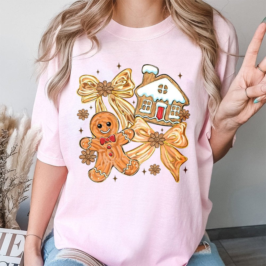 Gingerbread Man T-Shirt | Coquette Christmas Bow Graphic | 100% Cotton Premium Tee | Holiday Gift for Women & Christmas Lovers
