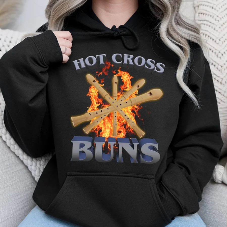 Hot Cross Buns Hoodie | Funny Music Teacher Gift | Premium Cotton-Poly Blend Pullover | Music Lover & Recorder Player Apparel