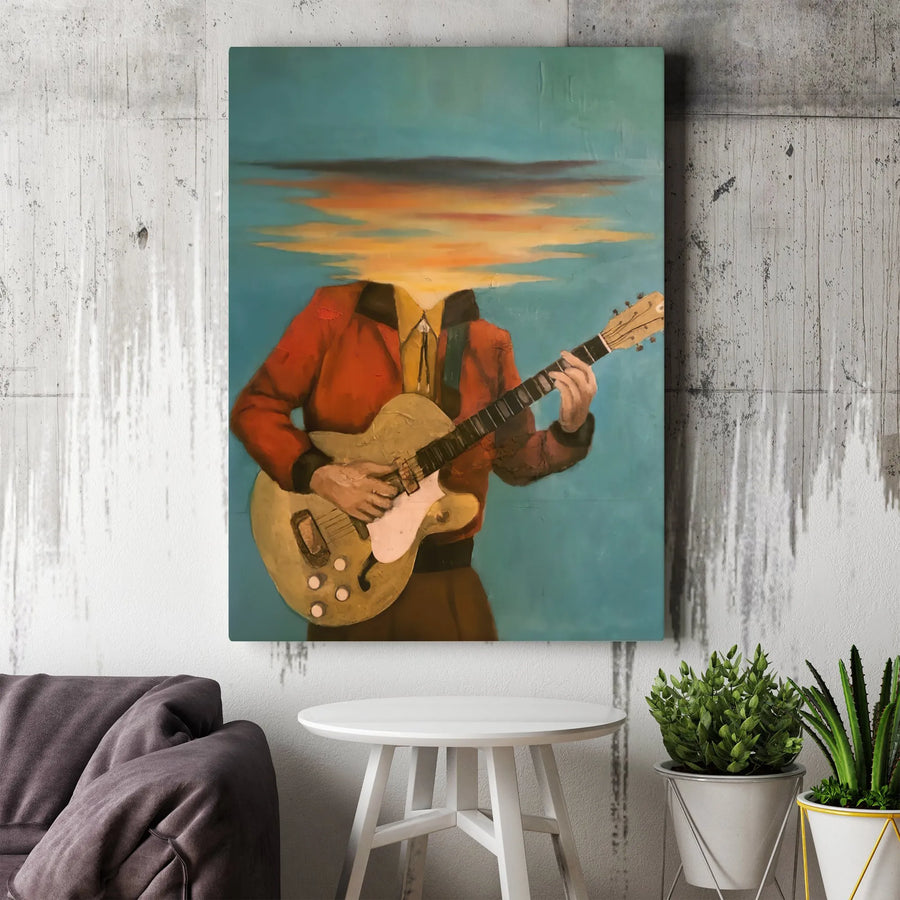Surreal Guitarist Canvas Print | Sunset Cloud Head Music Art | 1.25-Inch Premium Gallery Wrap | Musician Home Office Wall Decor Gift