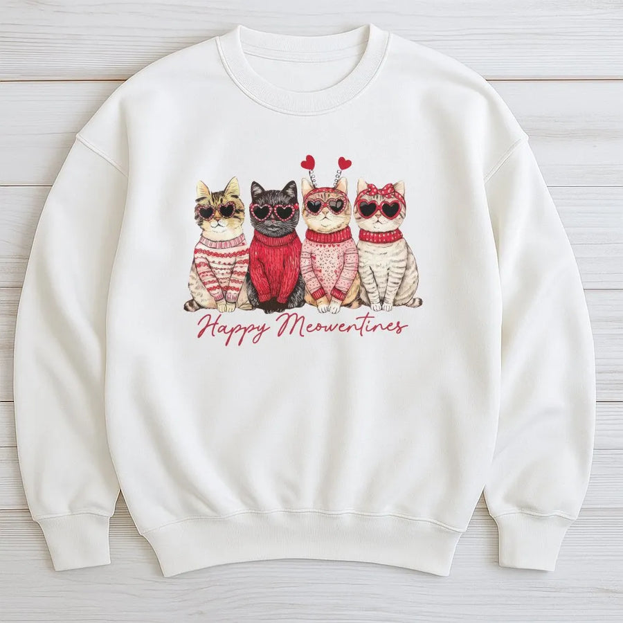 Valentine Cat Sweatshirt | Happy Meowentines Graphic Print | Premium Cotton Blend Crewneck | Cute Valentines Gift for Cat Lovers