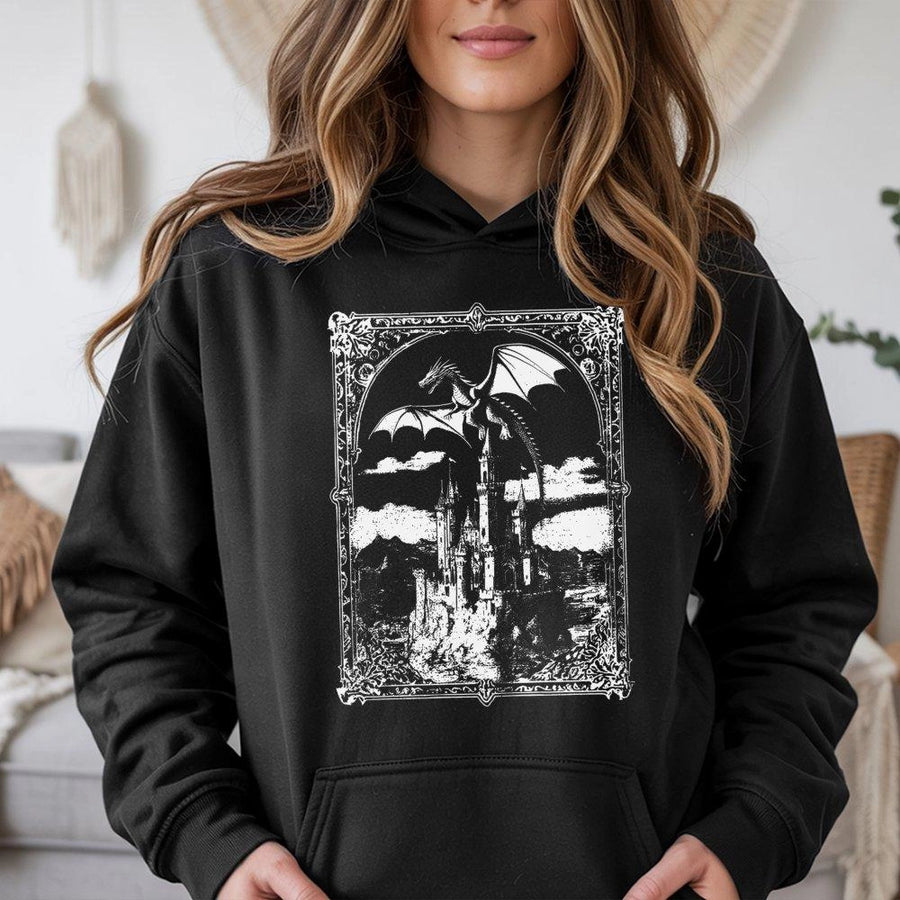 Dragon Castle Hoodie | Dark Fantasy Medieval Art Print | Premium Cotton Blend Streetwear | Aesthetic Fantasy Lover Gift