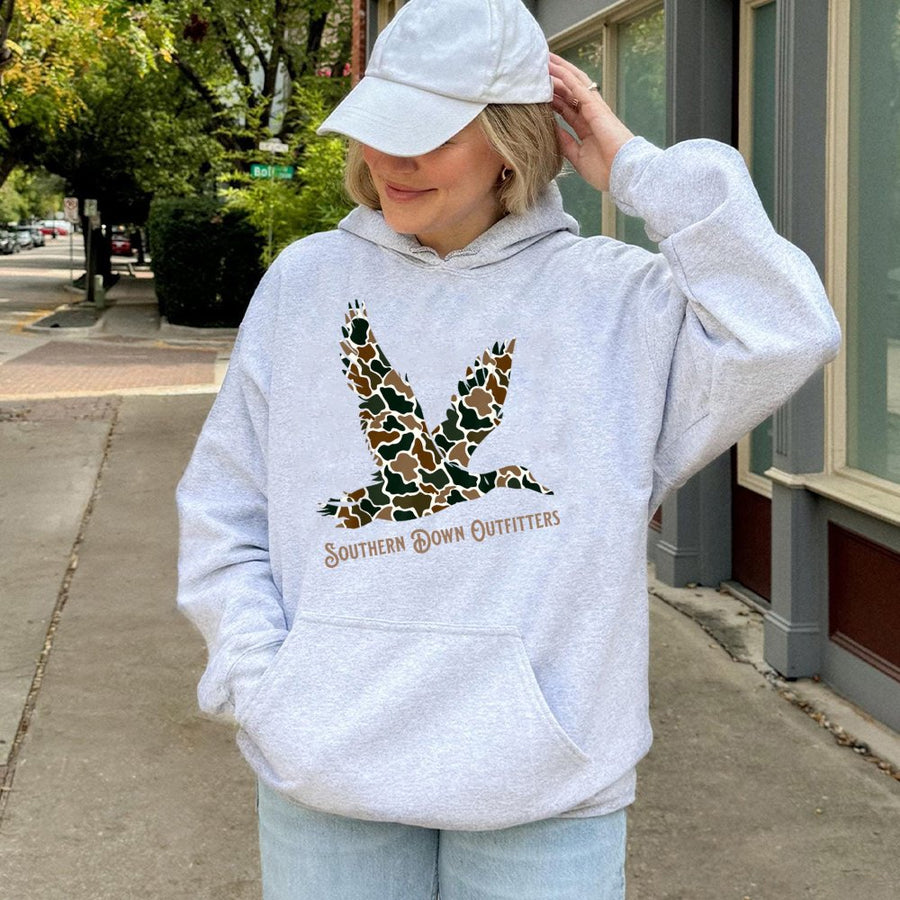 Camo Duck Hoodie | Southern Hunting Wildlife Graphic | Premium Cotton Blend | Gift For Outdoors Enthusiast & Hunter