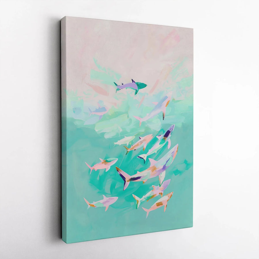Abstract Shark Canvas Wall Art | Painterly School of Sharks Print in Pastel Colors | Premium Thick Gallery Wrapped Canvas | Modern Coastal Home Decor Gift