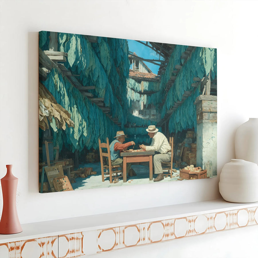 Cuban Tobacco Farmers Canvas Art | Domino Players in Rustic Barn Painting | Premium Gallery Wrap Print | Man Cave Decor Gift for Cigar Lover